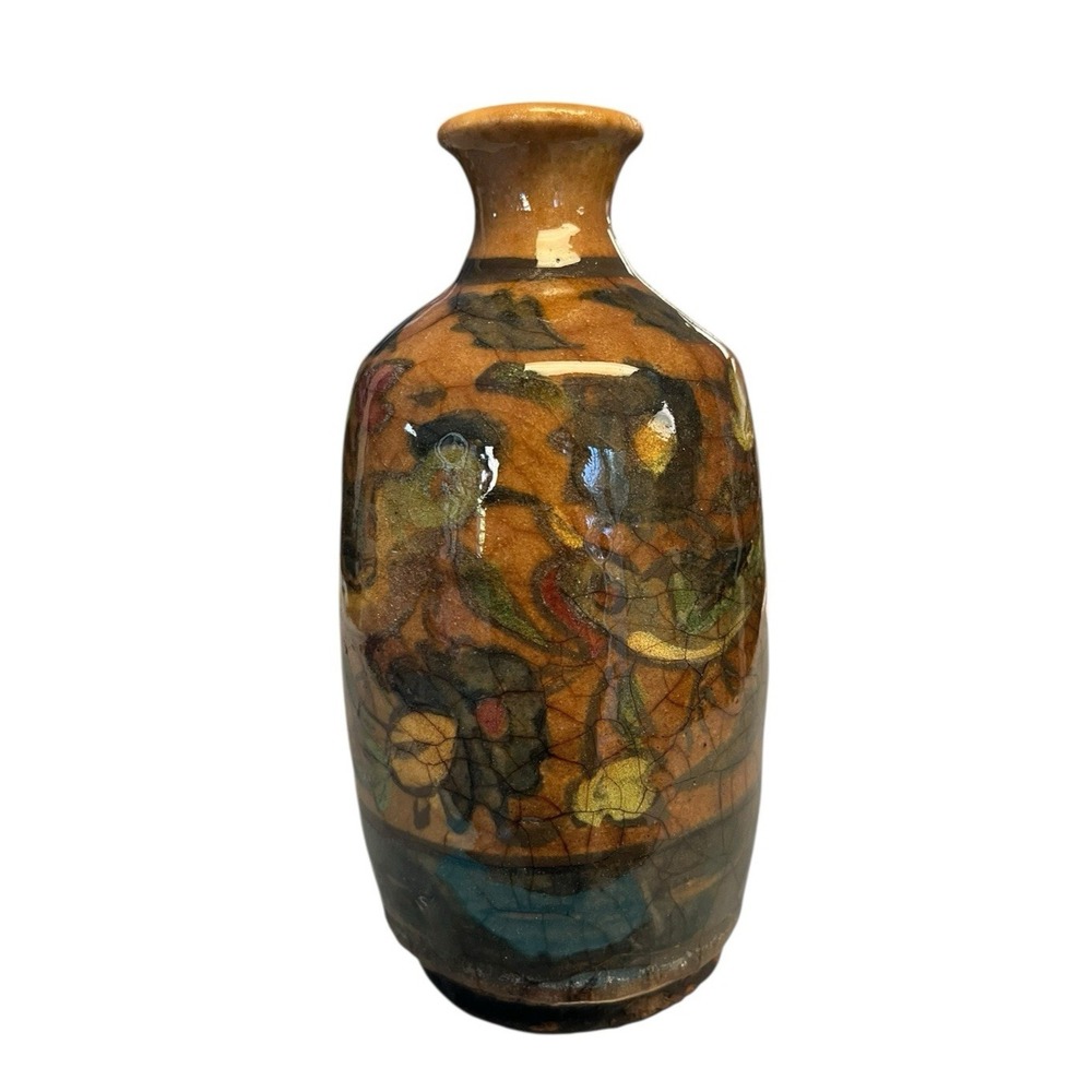 Antique Bottle Flask Vase Persian Qajar Pottery Turkish Iznik Birds Flowers